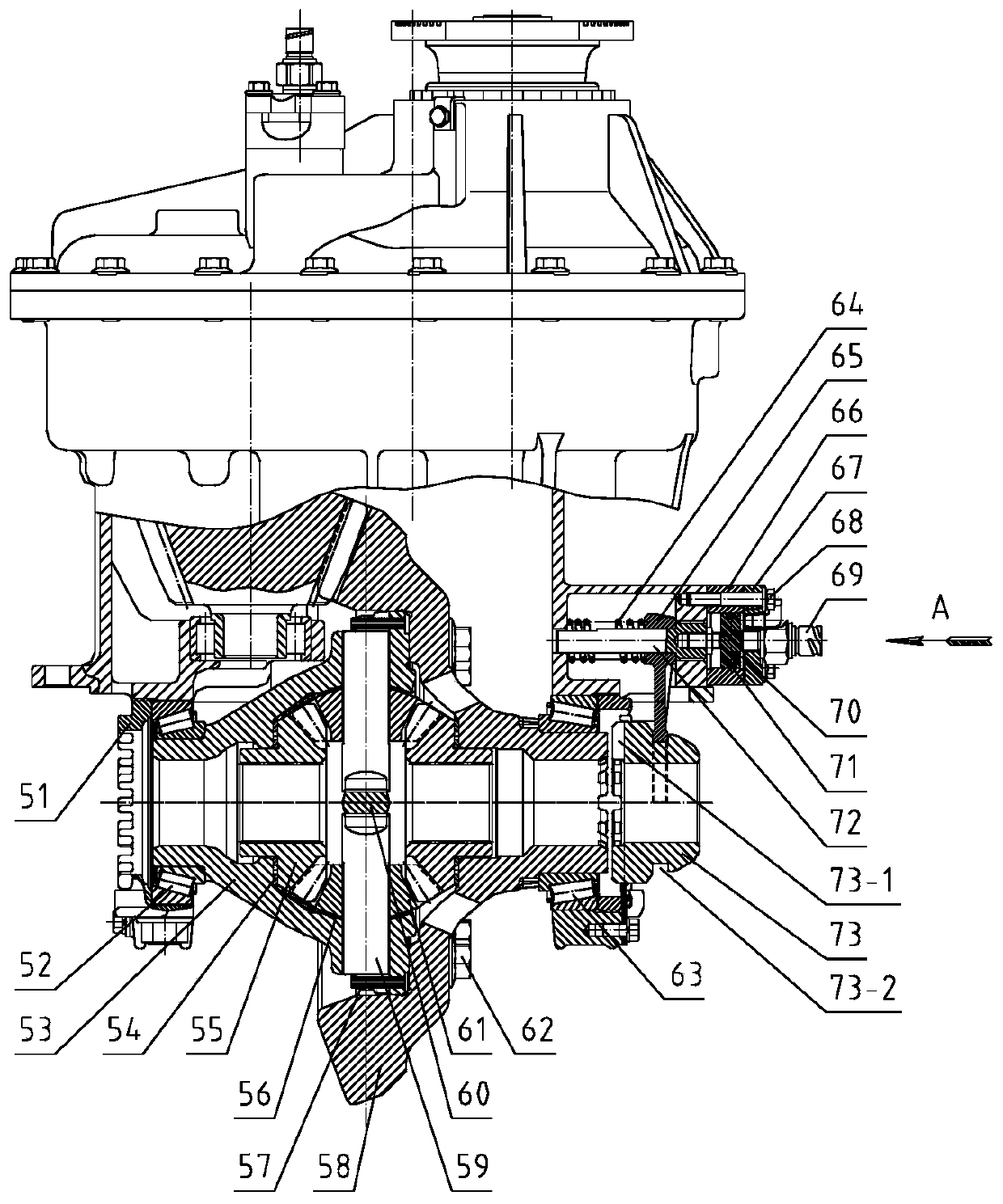 Intermediate axle main reducer assembly provided with rear bevel gear engaging and disengaging mechanism