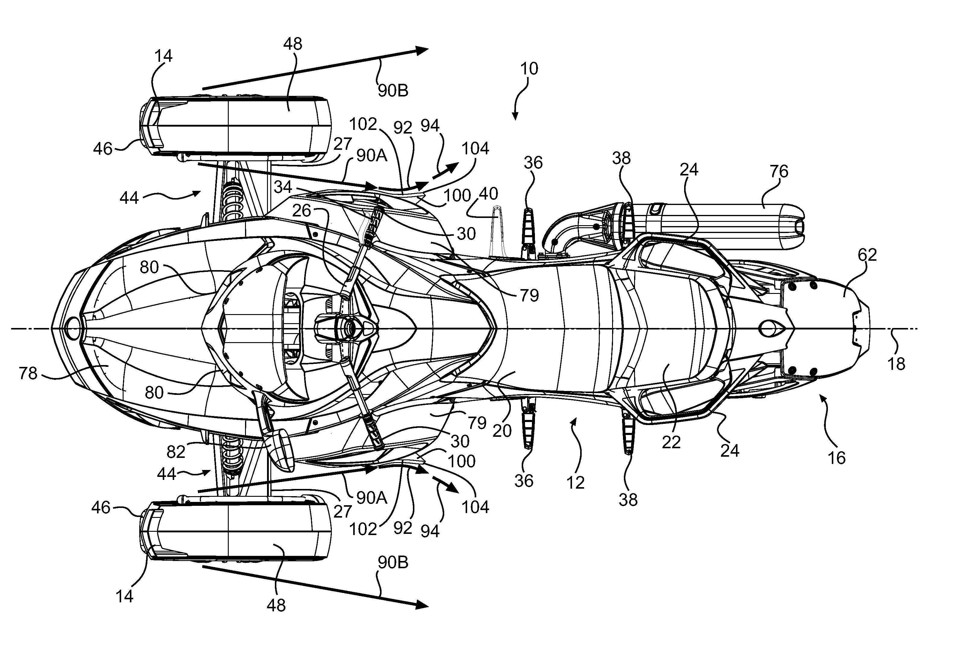 Wheeled vehicle with water deflectors