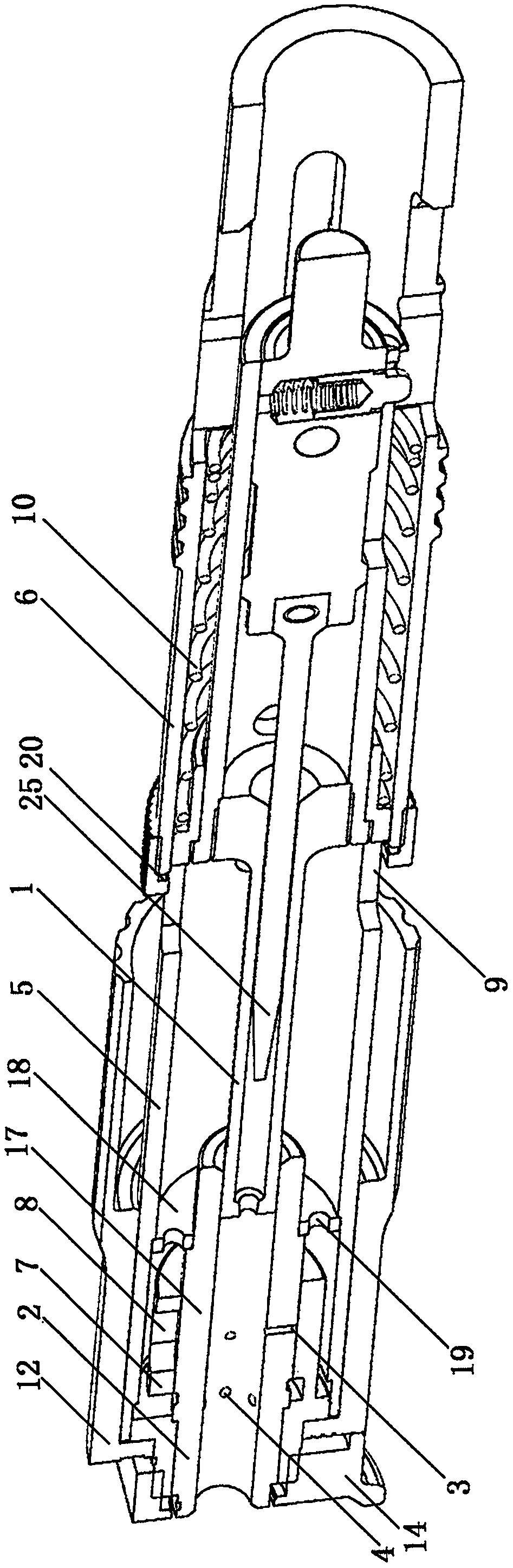 External force adjusting and automatic residue discharging type axial powder actuated tool