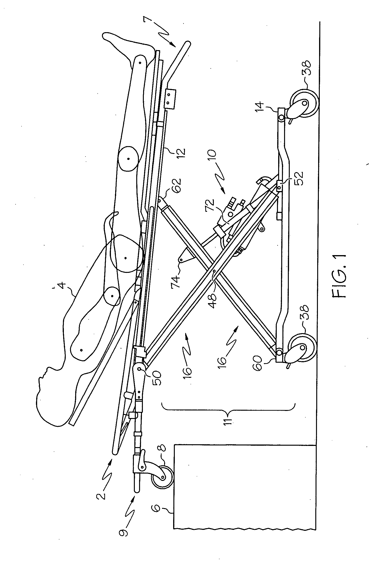 Charging system for recharging a battery of an electrohydraulically powered lift ambulance cot with an electrical system of an emergency vehicle