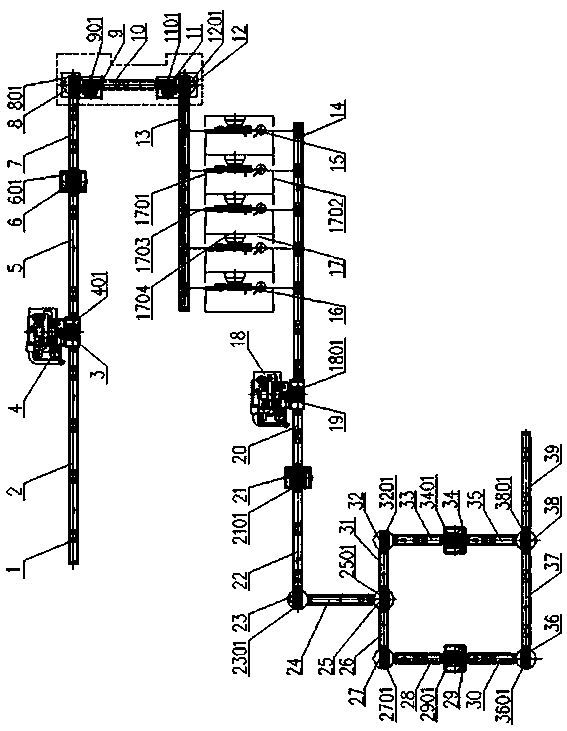 A roller conveying line capable of shot blasting, cleaning and testing cylinder castings