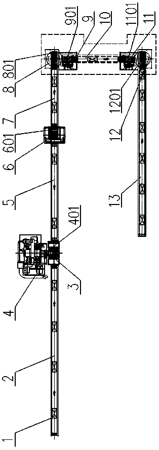 A roller conveying line capable of shot blasting, cleaning and testing cylinder castings