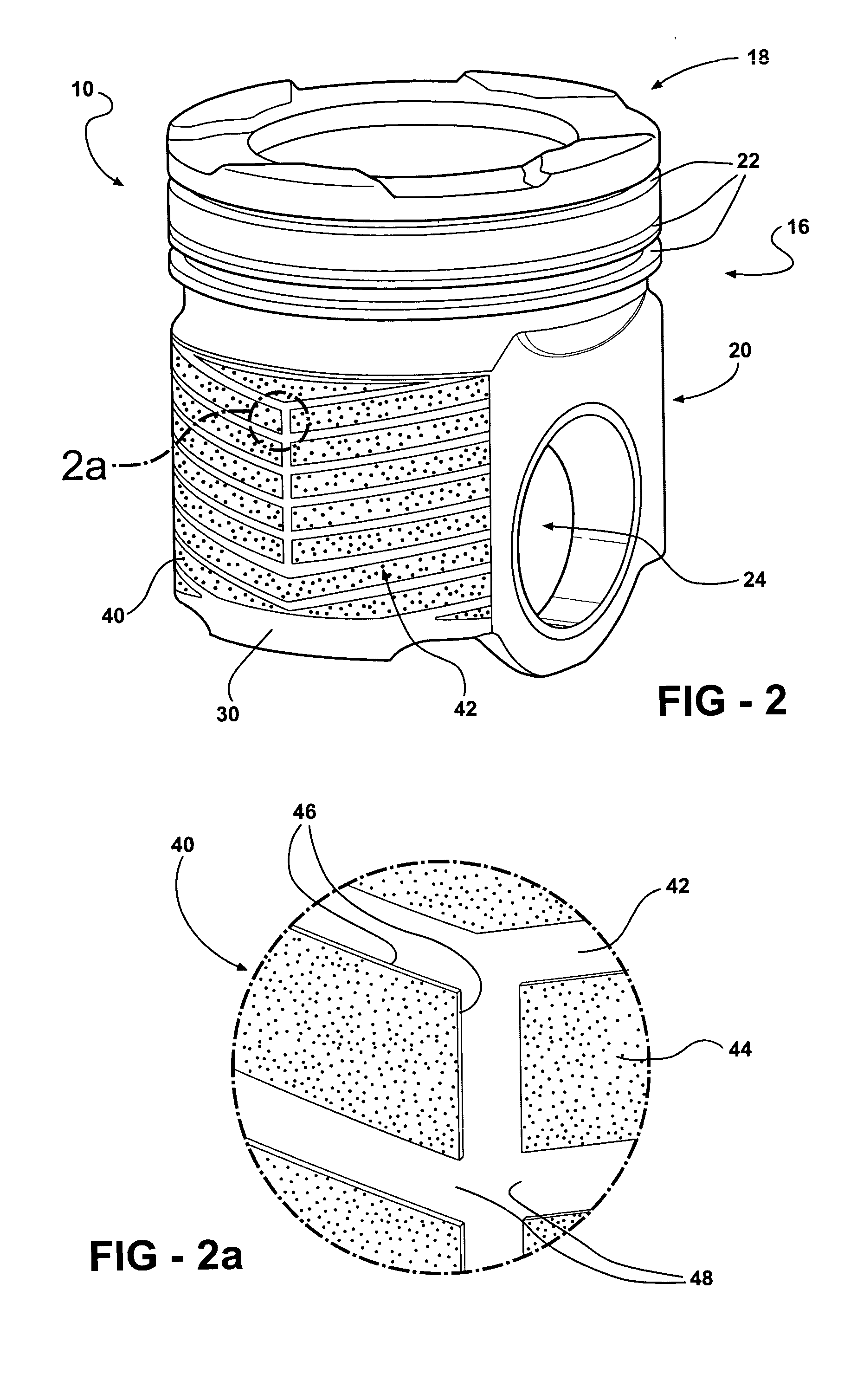 Piston having a patterned coating and method of applying same