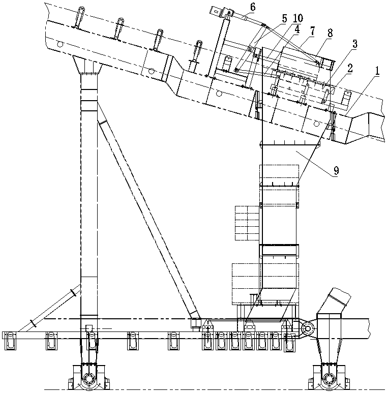 Distributing device for bucket wheel stacker and reclaimer and bucket wheel stacker and reclaimer