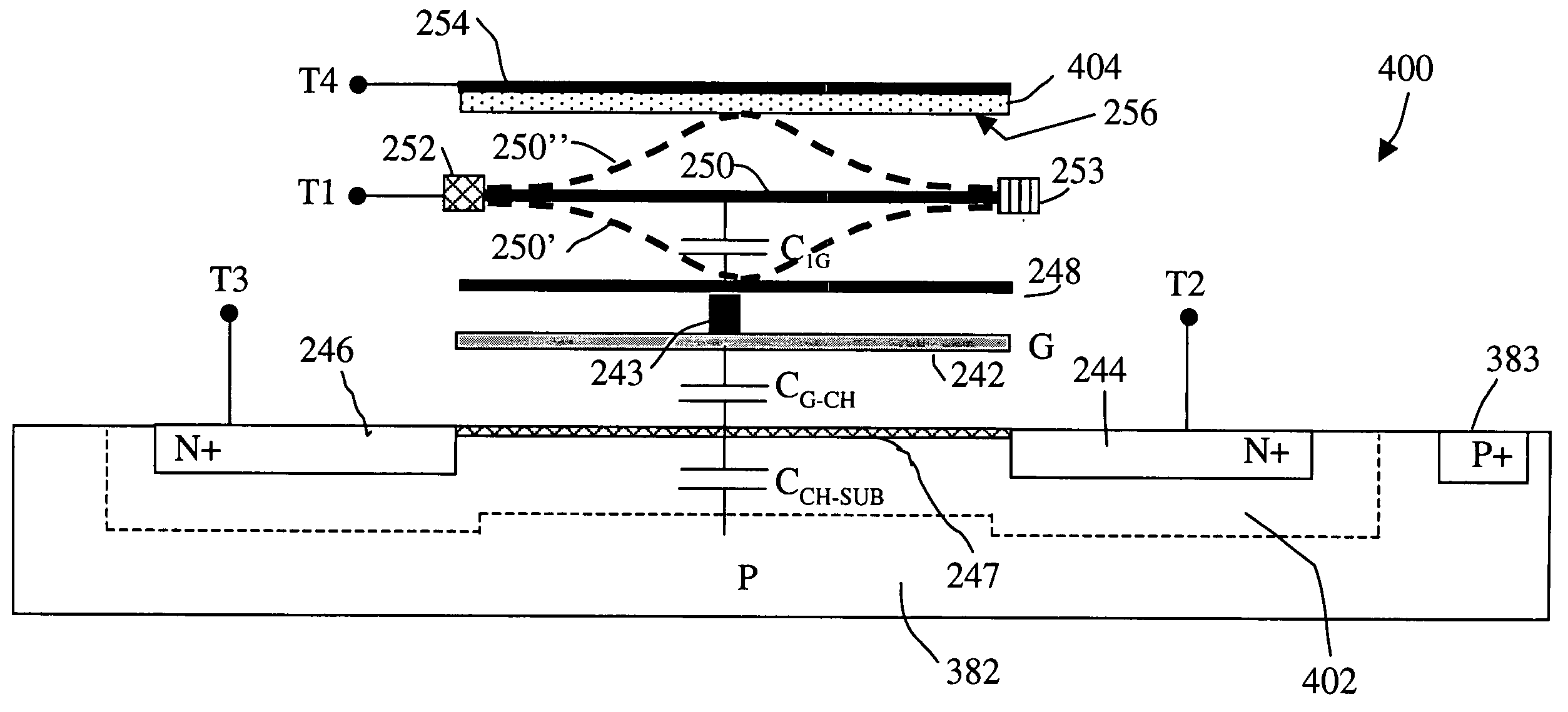 Field effect devices having a drain controlled via a nanotube switching element