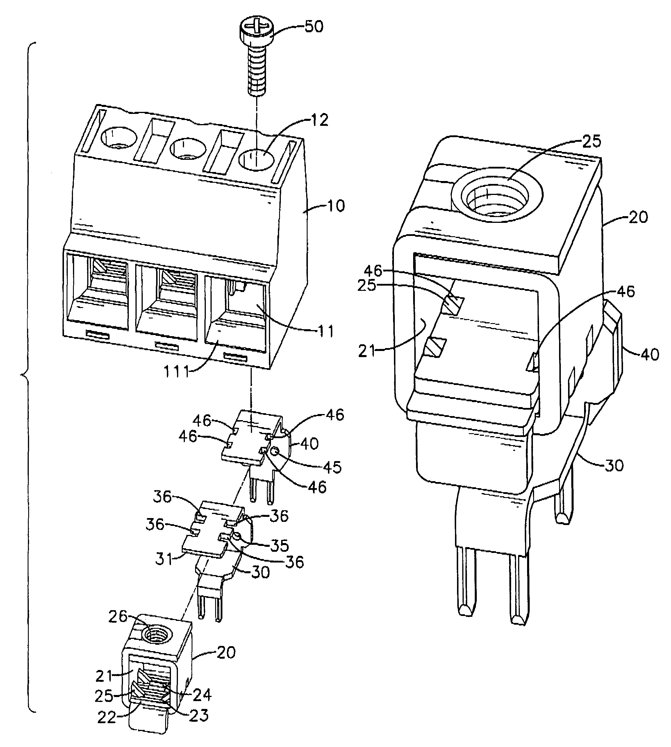 Terminal contact and clamp assembly for a cable terminal block and method for processing the same