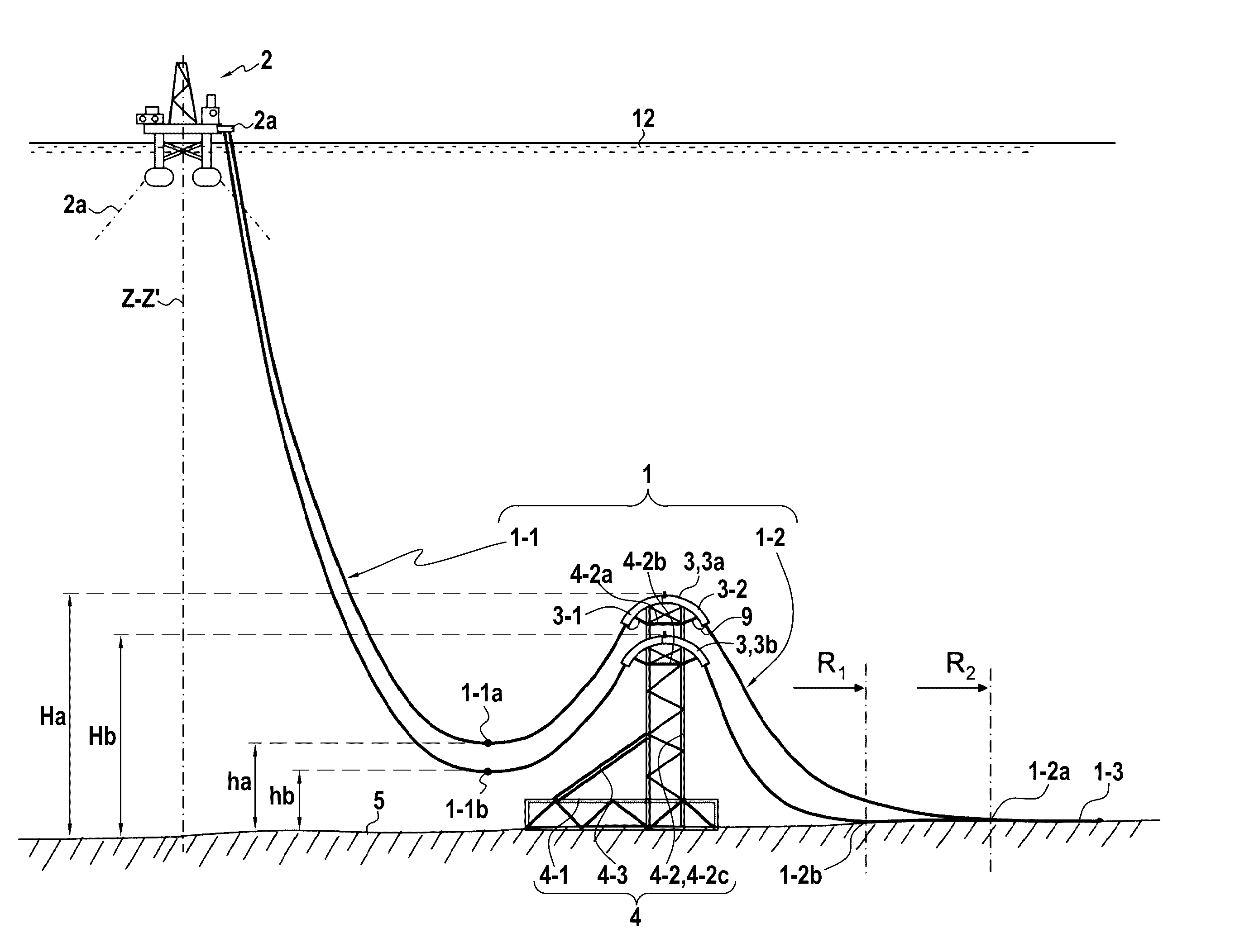Multiple flexible seafloor-surface linking apparatus comprising at least two levels