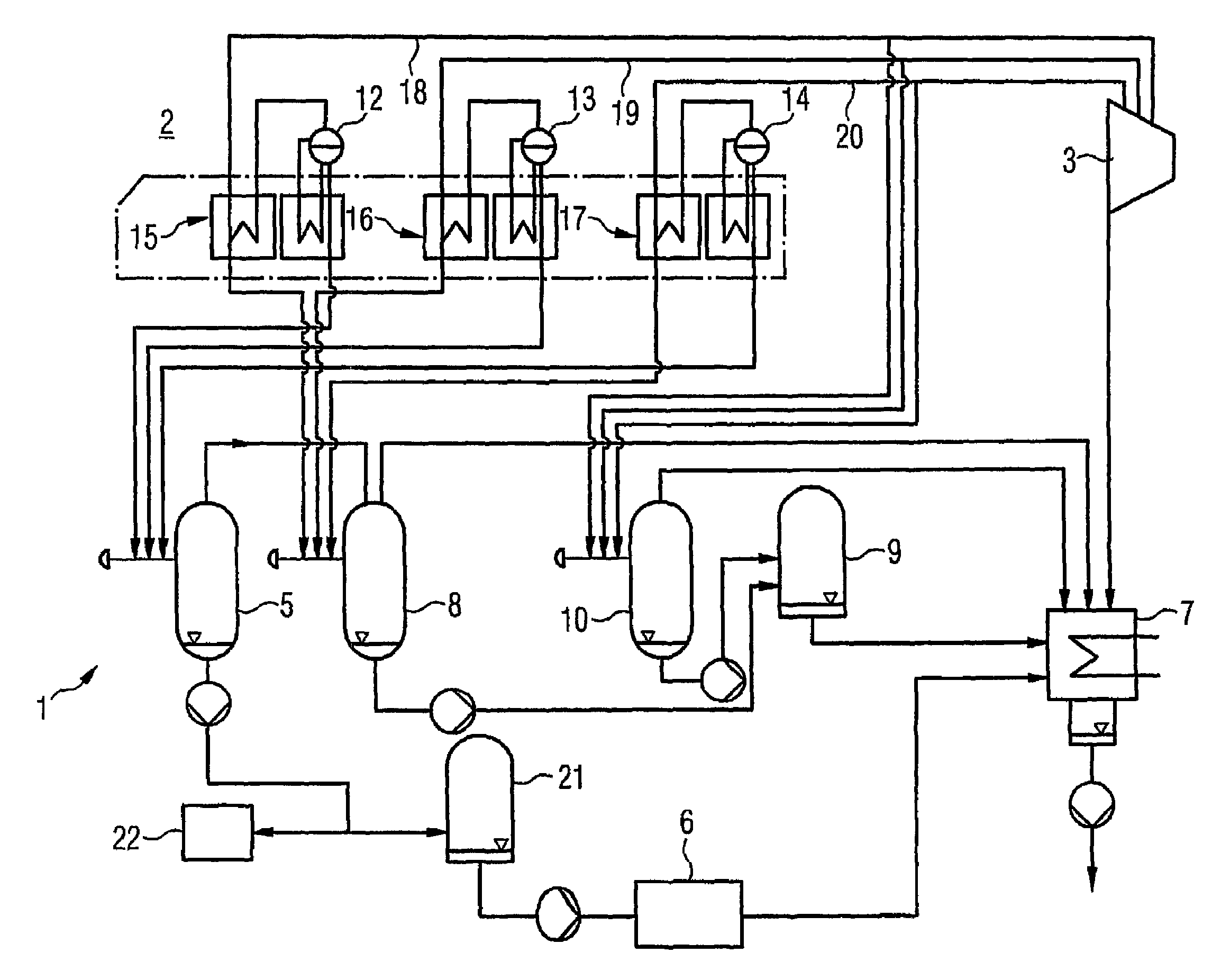 Method and device for removing water from a steam plant