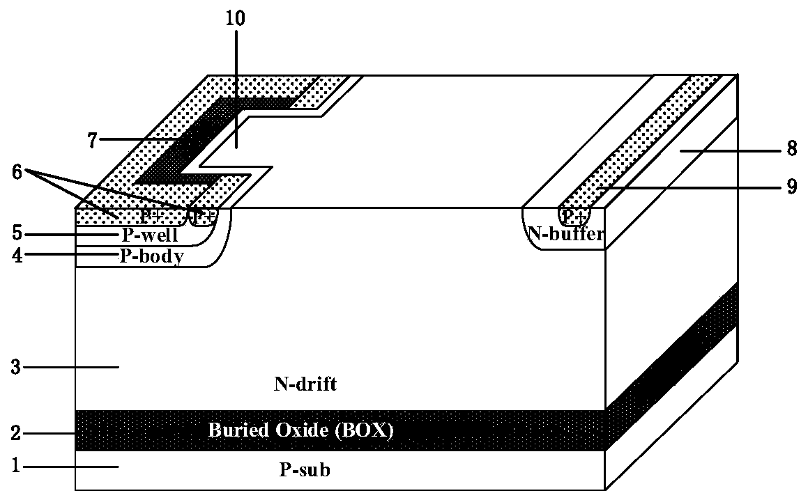 Transverse insulated gate bipolar transistor with low turn-on overshoot current