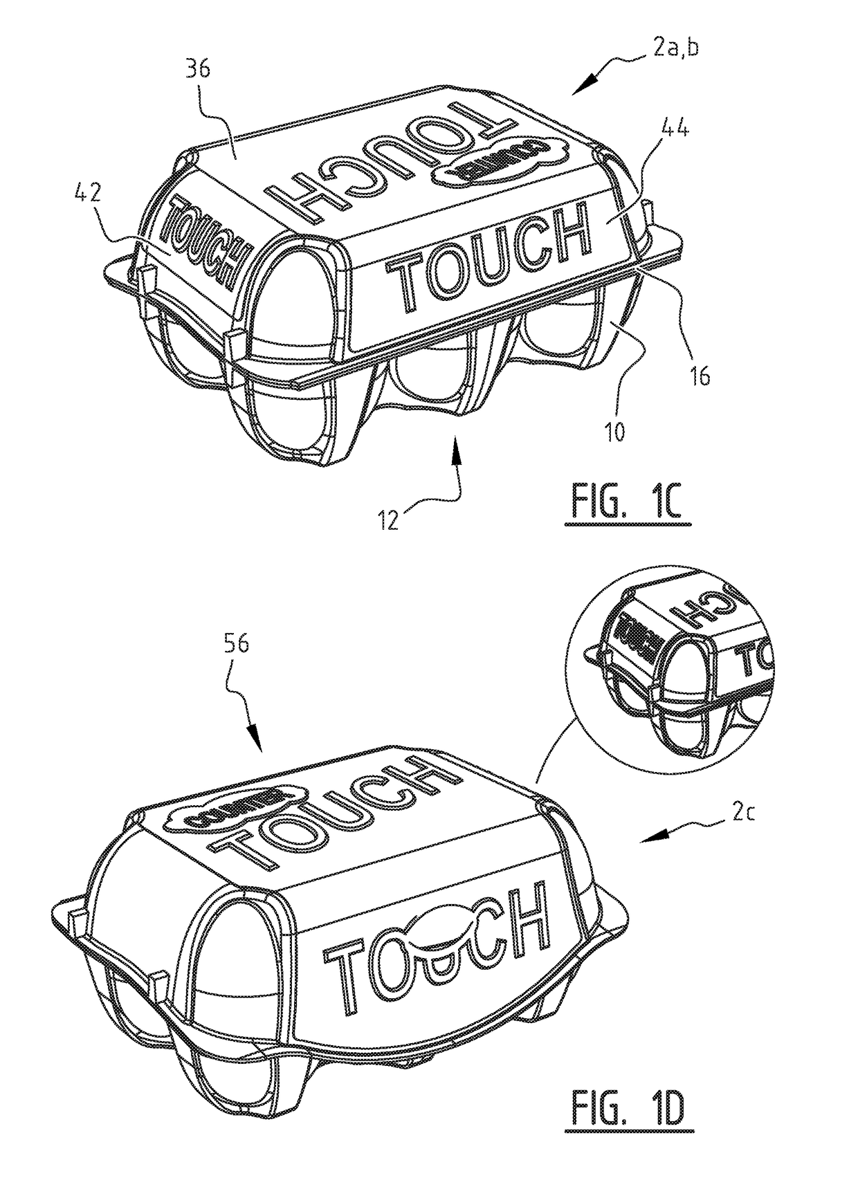 Packaging unit with counter-embossed label, and method for packing products