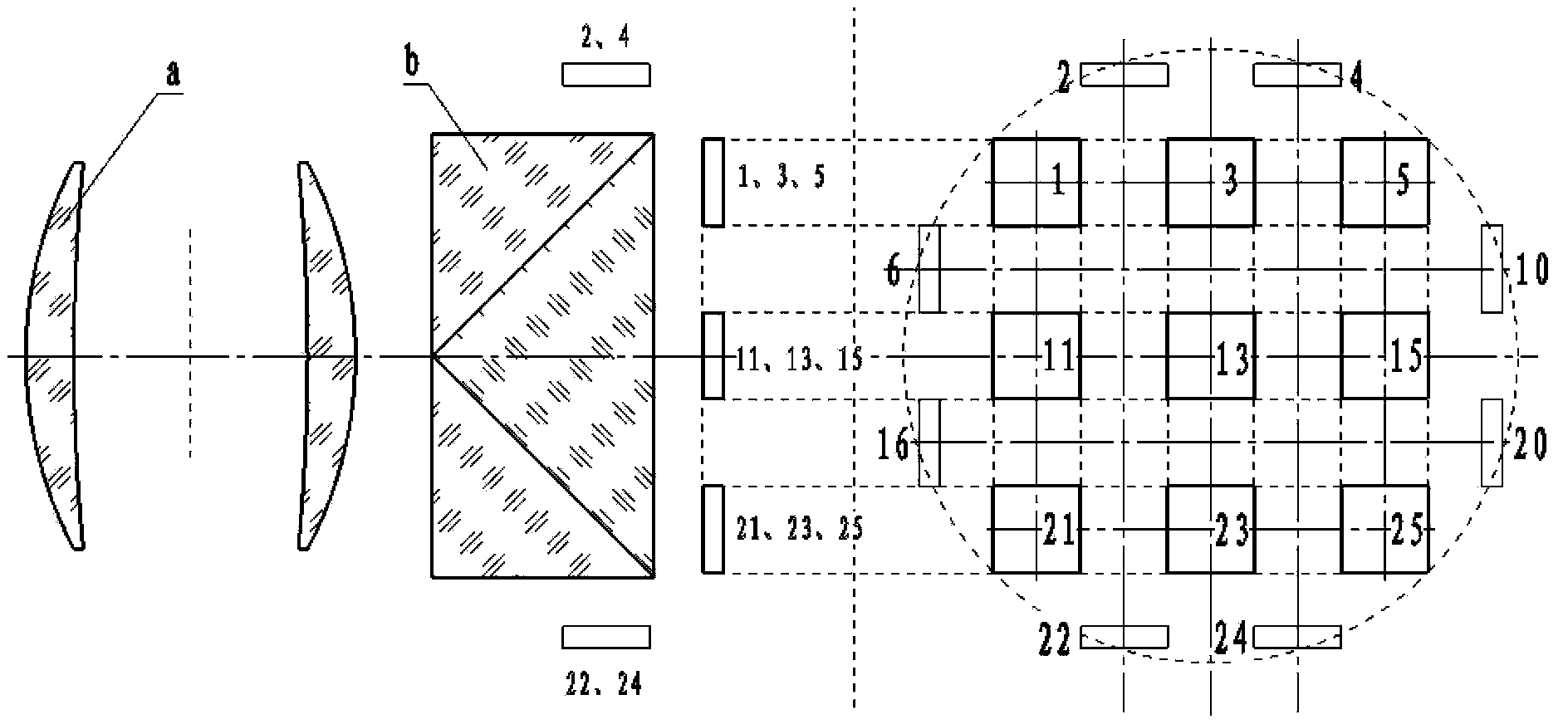 Seamlessly spliced photoelectronic imaging system with double lens using 25 area-array detectors