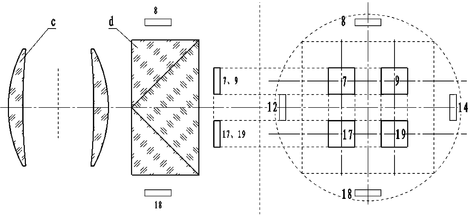 Seamlessly spliced photoelectronic imaging system with double lens using 25 area-array detectors