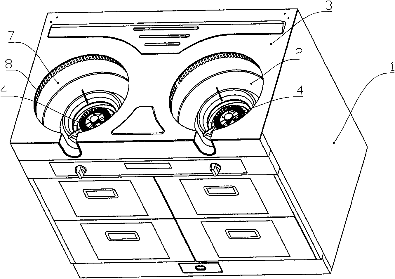 Fireproof integration stove for shielding oil smoke by helical gas flow