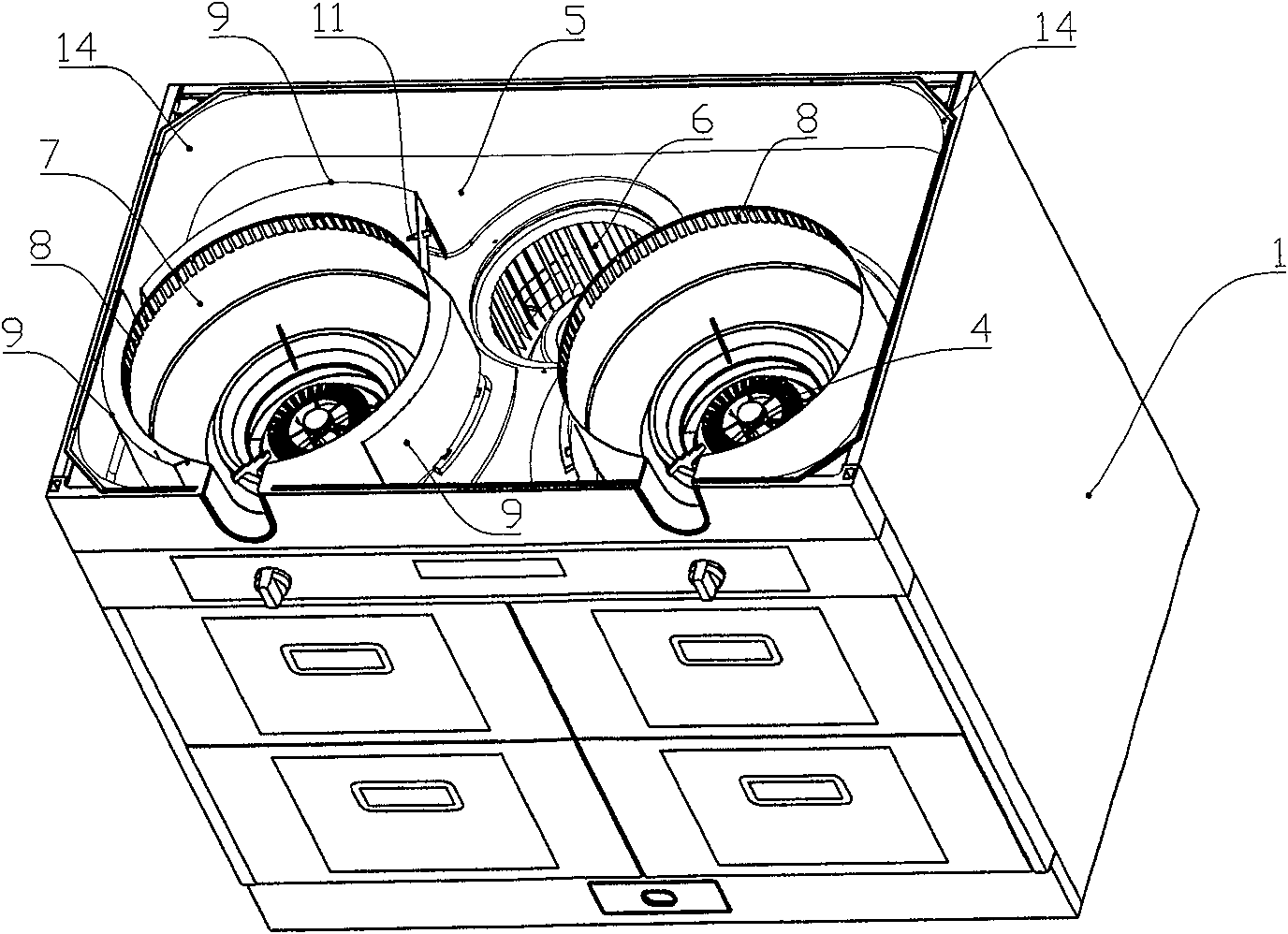 Fireproof integration stove for shielding oil smoke by helical gas flow