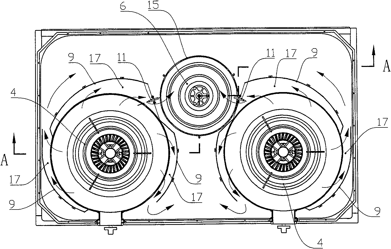 Fireproof integration stove for shielding oil smoke by helical gas flow