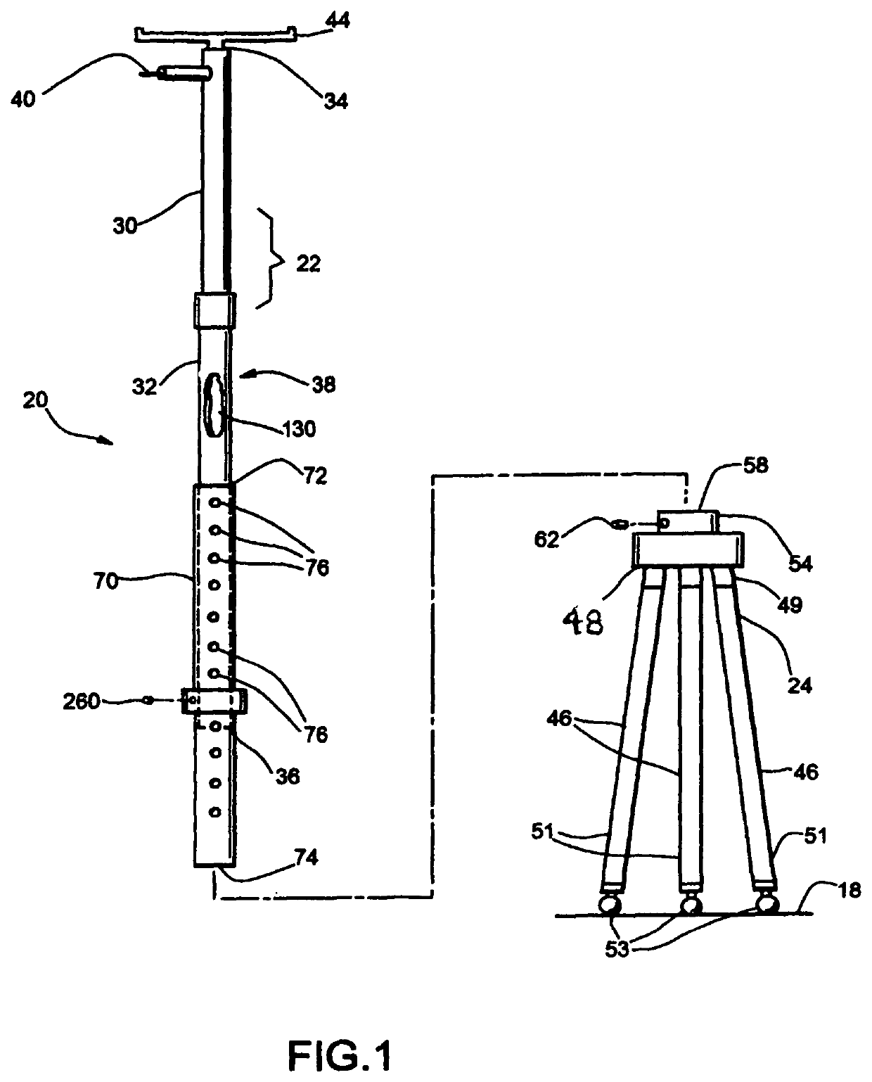 Elongated support apparatus for lifting an item to or supporting an item in an elevated condition