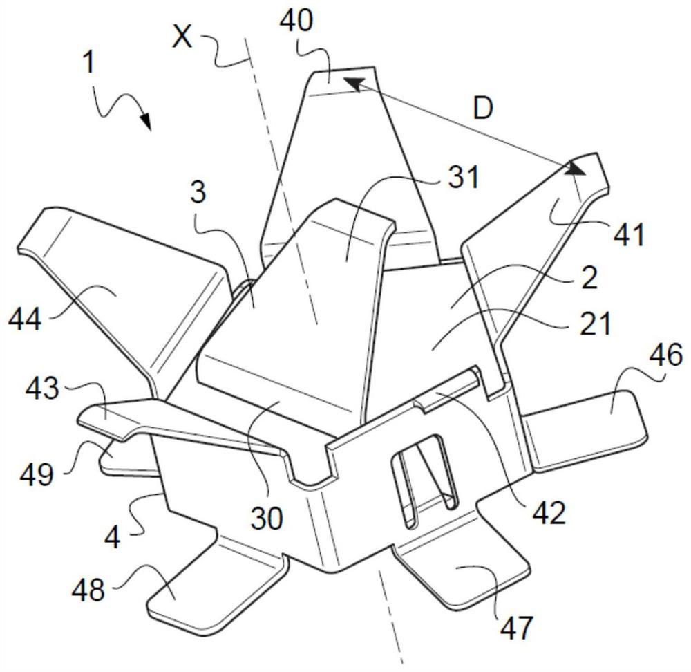 Unitary RF connector with ground contact tabs arranged in crown and ganged connector including a plurality of such unitary connector