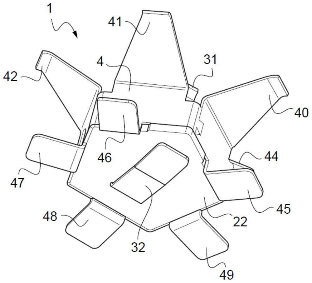 Unitary RF connector with ground contact tabs arranged in crown and ganged connector including a plurality of such unitary connector