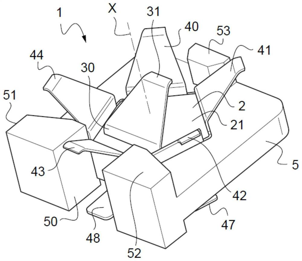 Unitary RF connector with ground contact tabs arranged in crown and ganged connector including a plurality of such unitary connector