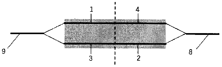 Symmetrical MZ structure double-core optical fiber and manufacturing method thereof