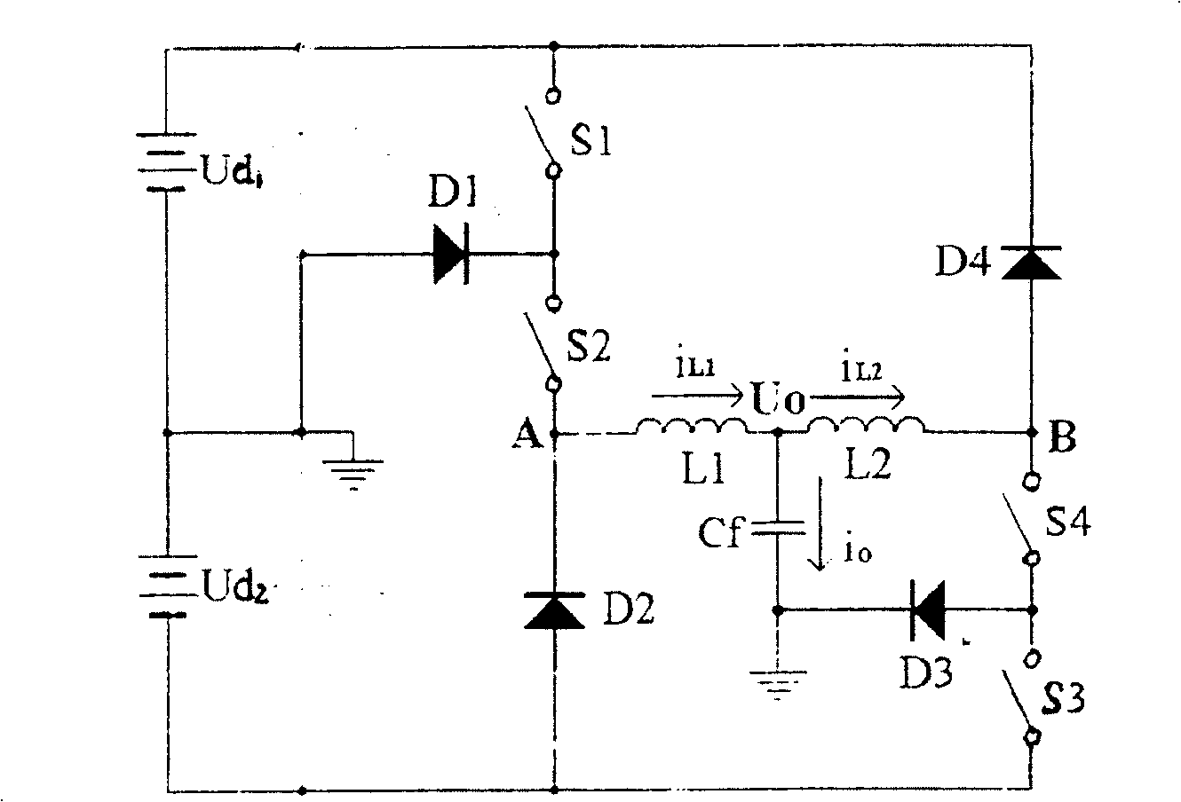Main circuit topology of tri-electrical-level double-dropping type semi-bridge inverter and control method thereof