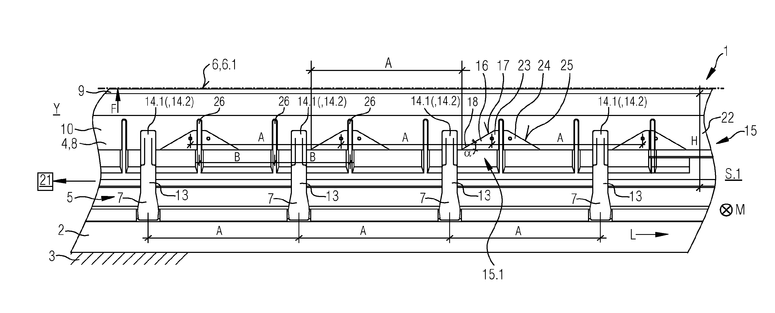 Bar arrangement for a machine for the production of a fibrous web