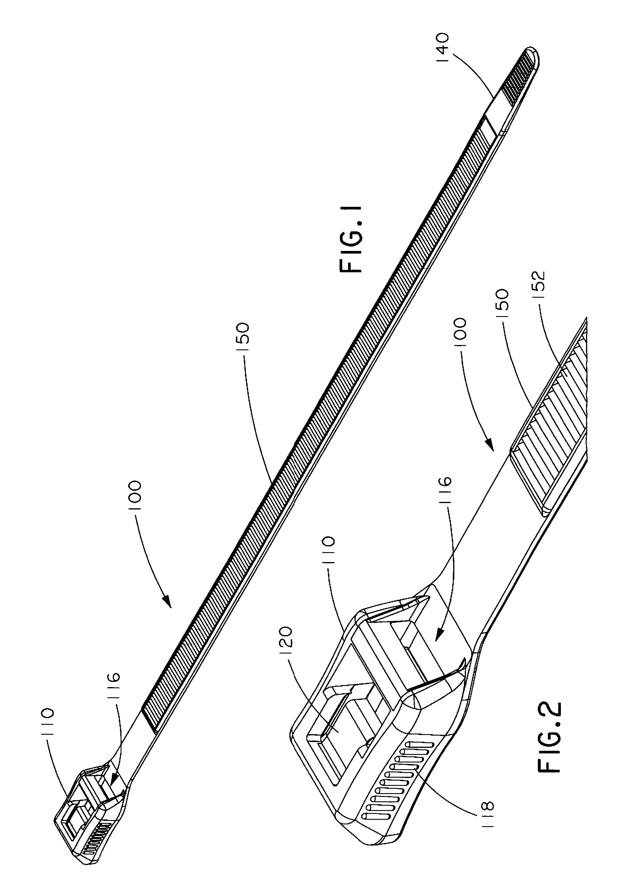 In-line cable tie with fixed and hinged locking mechanisms