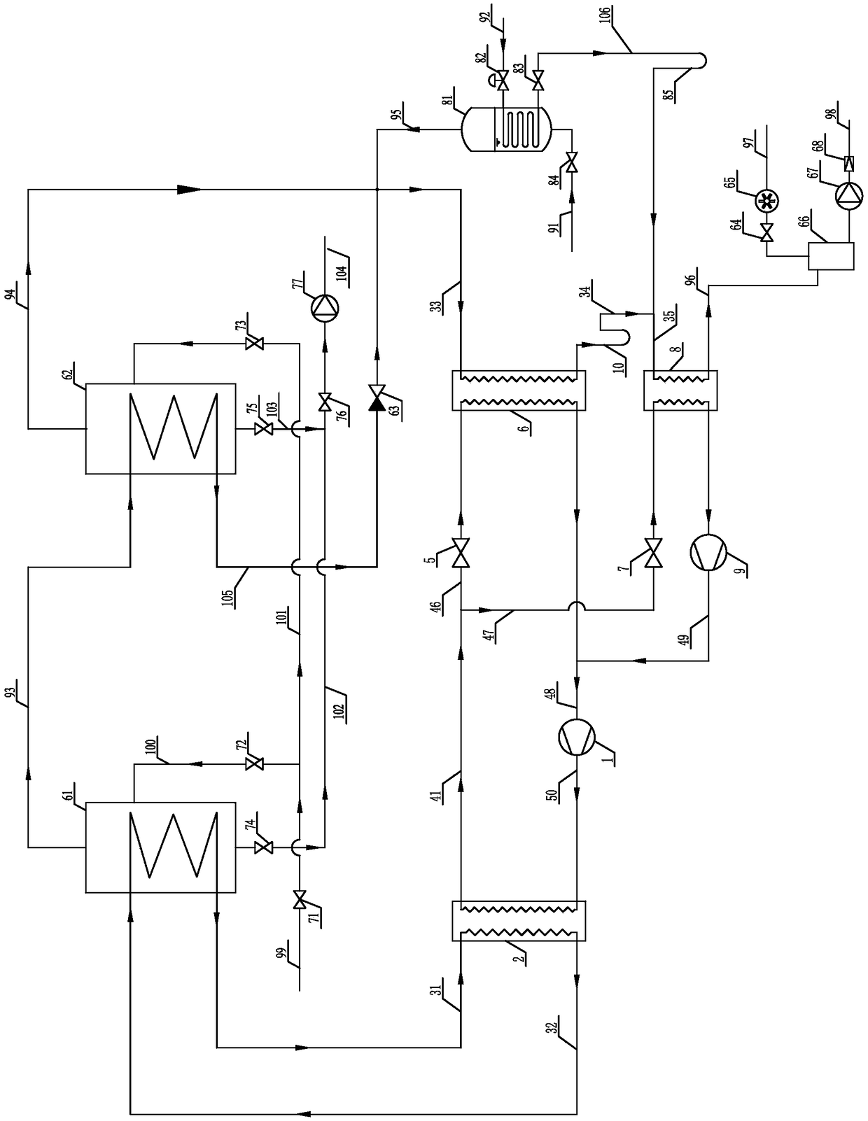 Two-stage-compression heat pump double-effect evaporation and condensation system