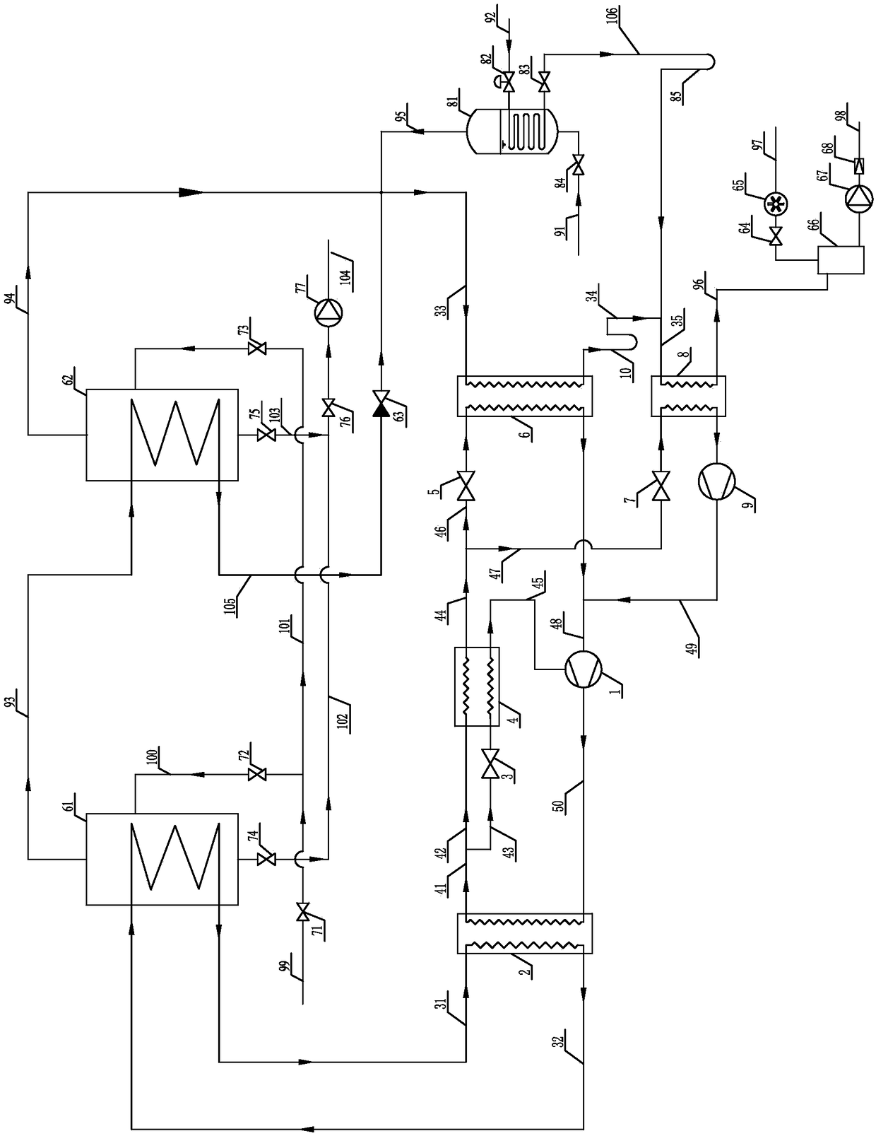 Two-stage-compression heat pump double-effect evaporation and condensation system