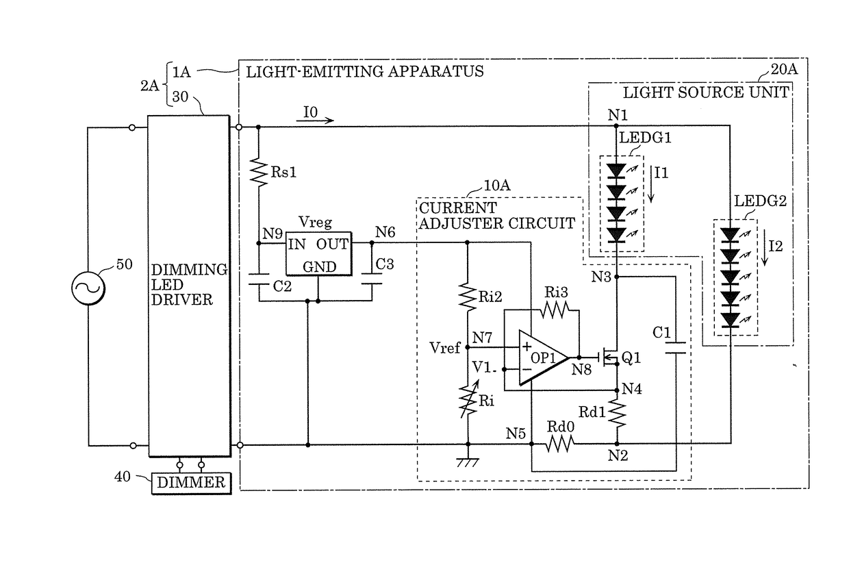 Light-emitting apparatus, luminaire, and method of adjusting light-emitting apparatus