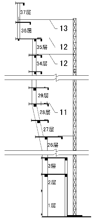 Auxiliary device for wall-attached frame for construction lifts, and strengthening method of auxiliary device