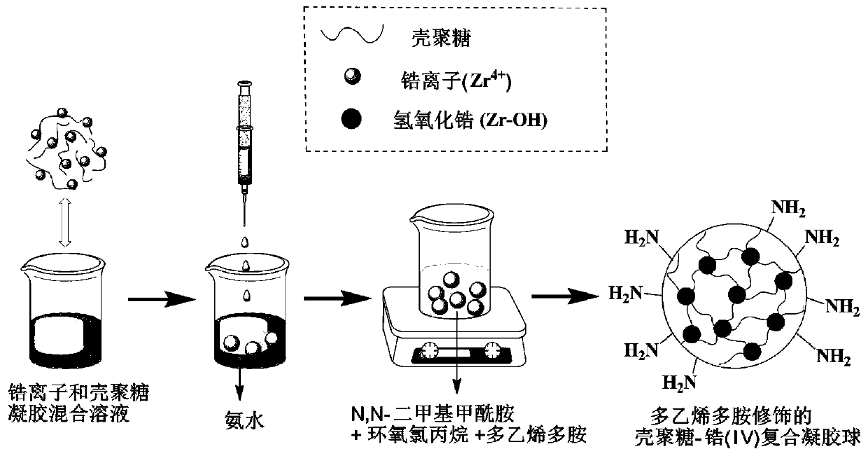 Amino-rich compound modified chitosan-zirconium composite gel ball as well as preparation and application thereof
