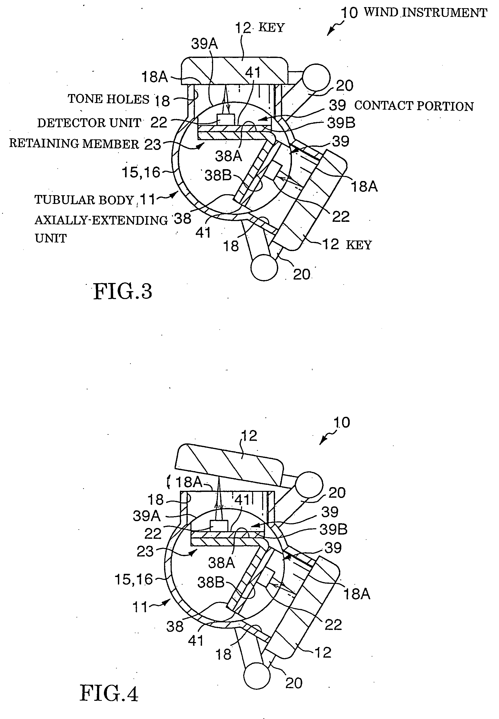 Key detection structure for wind instrument