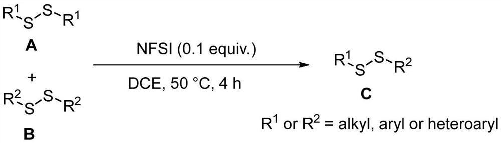Method for catalytically synthesizing asymmetric disulfide derivative by NFSI