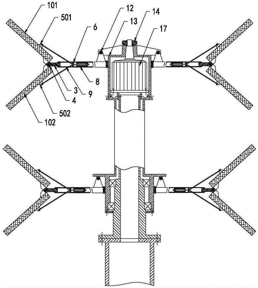 A multi-layer spread wing double swing blade vertical axis wind turbine