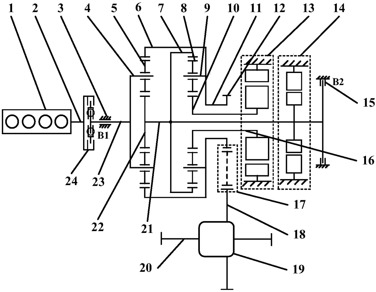 Hybrid electric vehicle power driving system based on double planetary lines