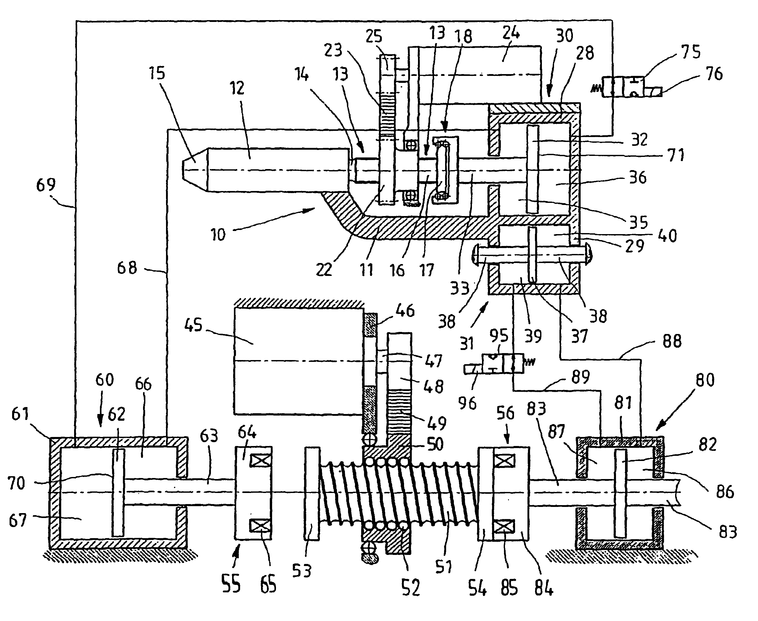 Drive device for displacing two linearly moveable components pertaining to a plastic injection moulding machine