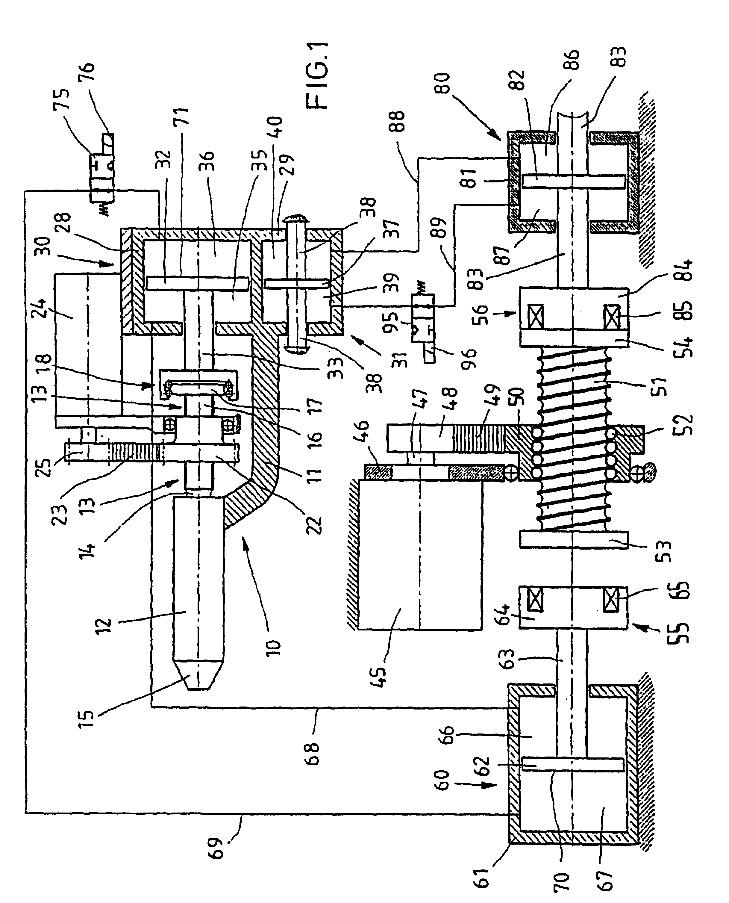 Drive device for displacing two linearly moveable components pertaining to a plastic injection moulding machine