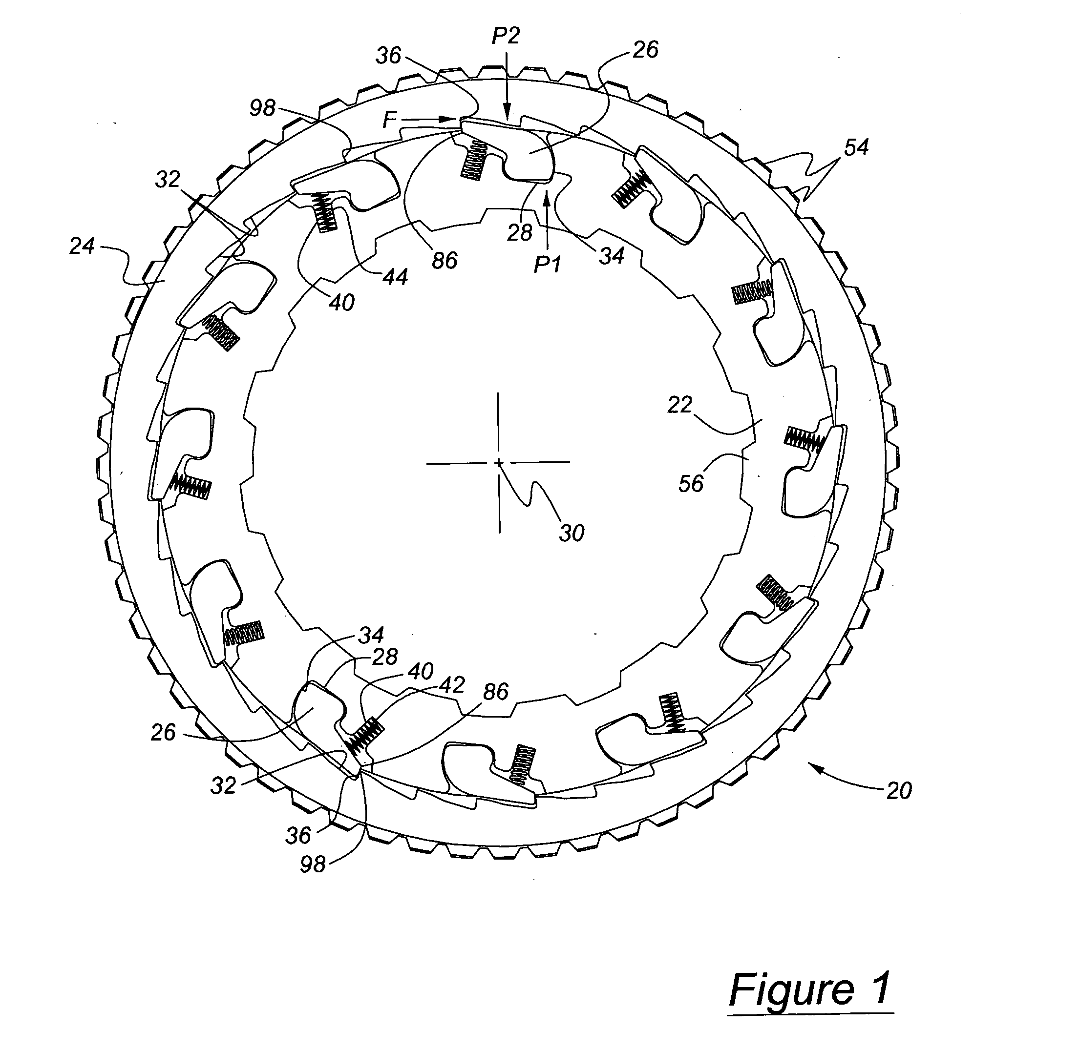 Ratcheting one-way clutch having rockers actuated by centrifugal force