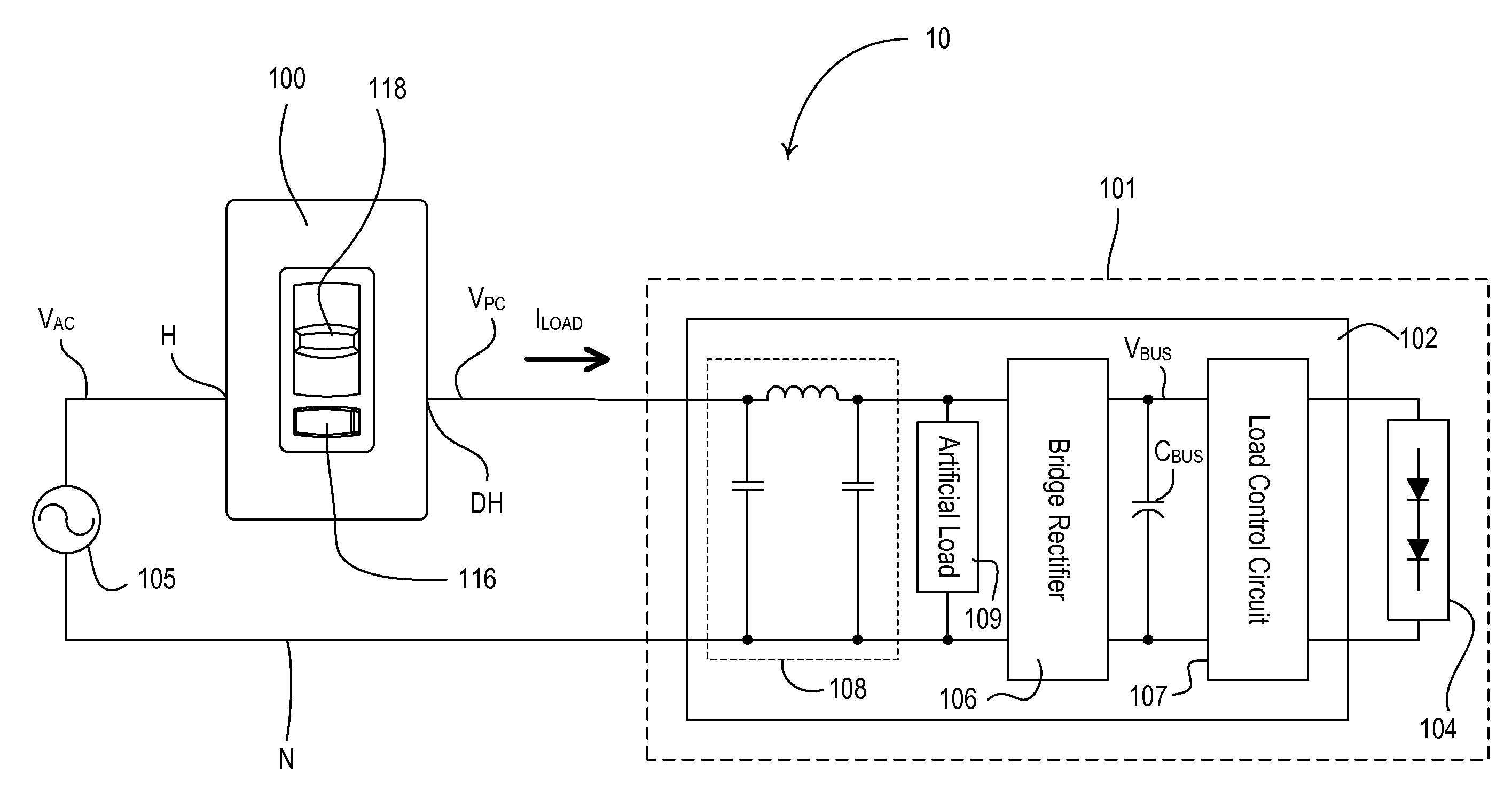Two-wire dimmer switch for low-power loads