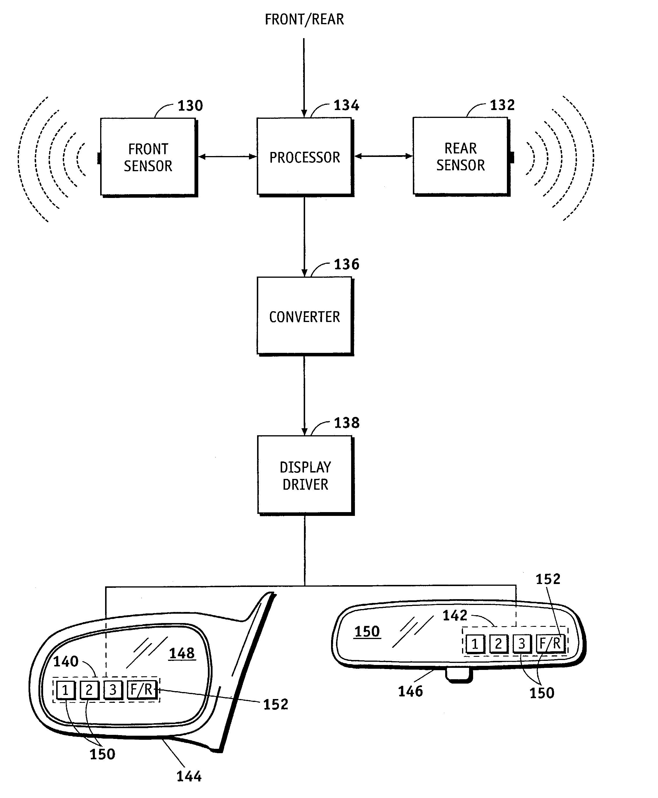 Distance detection and display system for use in a vehicle