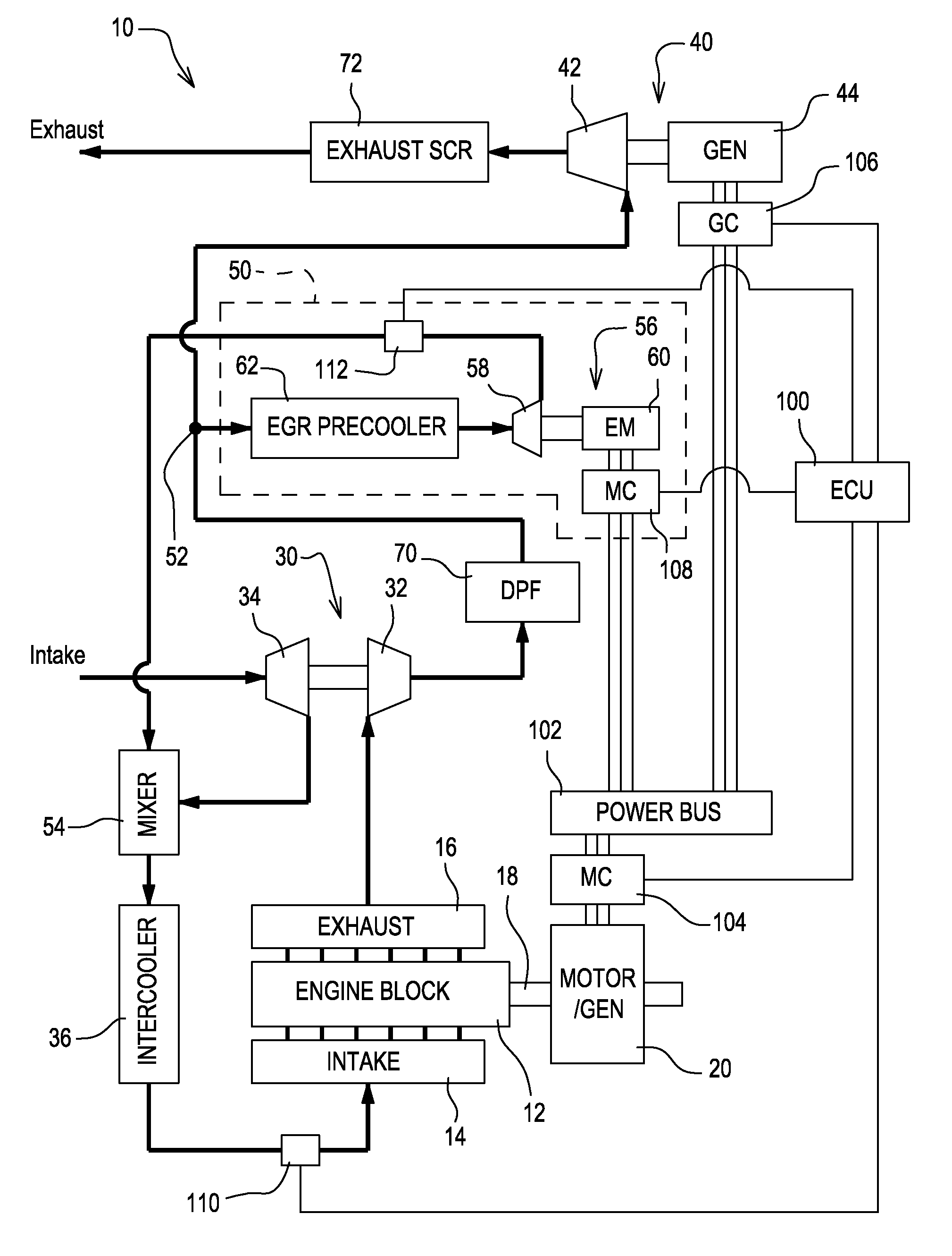 Metering exhaust gas recirculation system for a turbocharged engine having a turbogenerator system