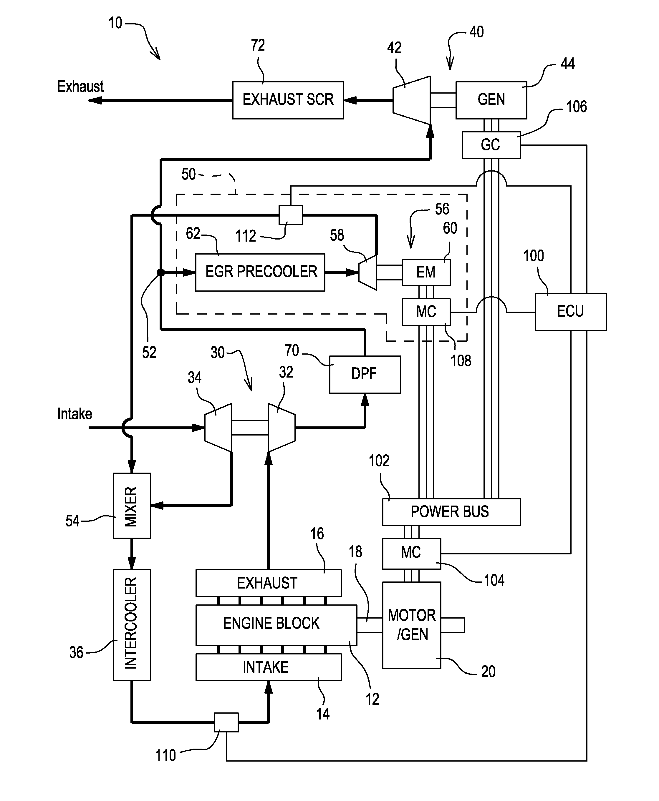 Metering exhaust gas recirculation system for a turbocharged engine having a turbogenerator system