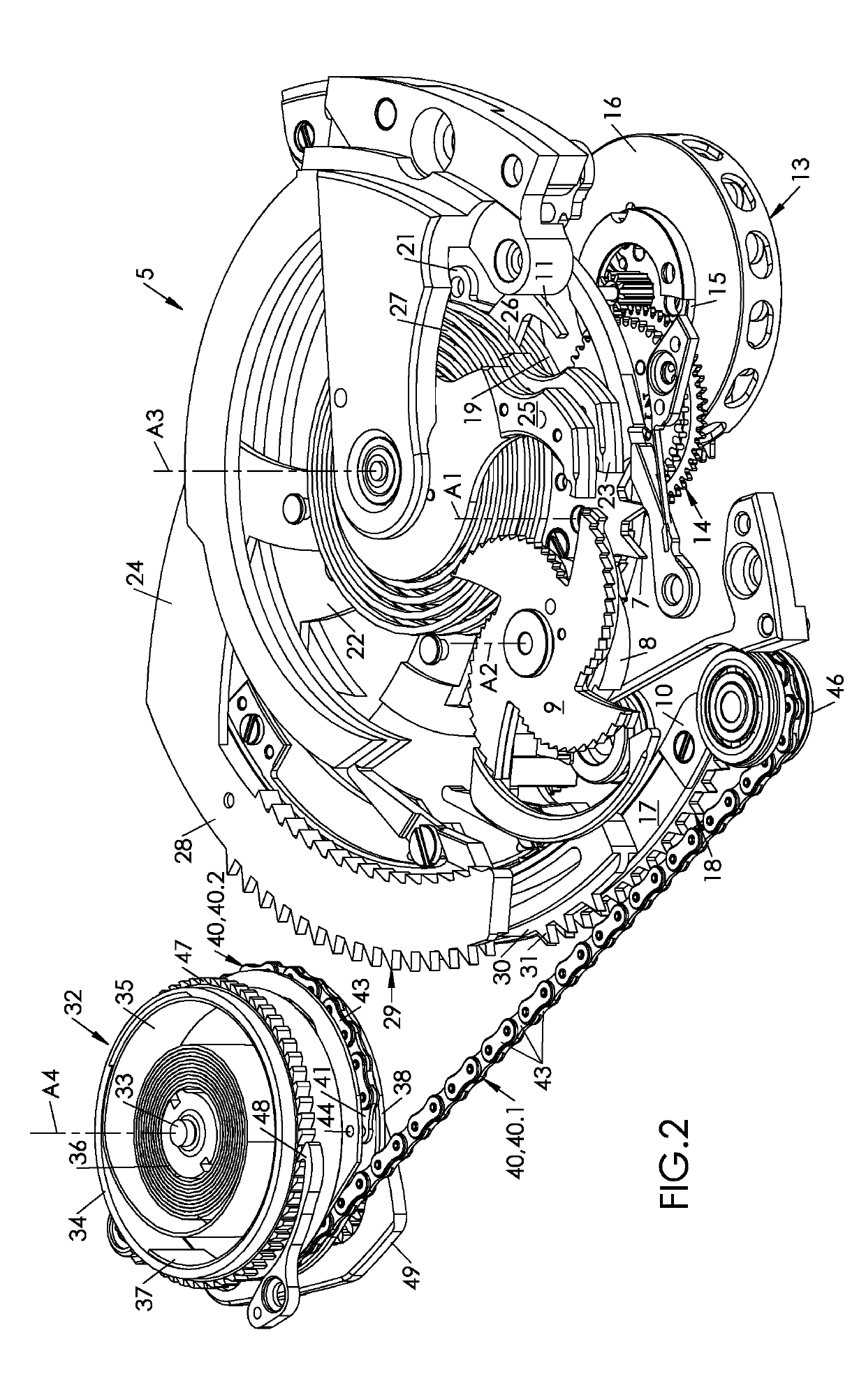 Repeater with a chain wound on a cam