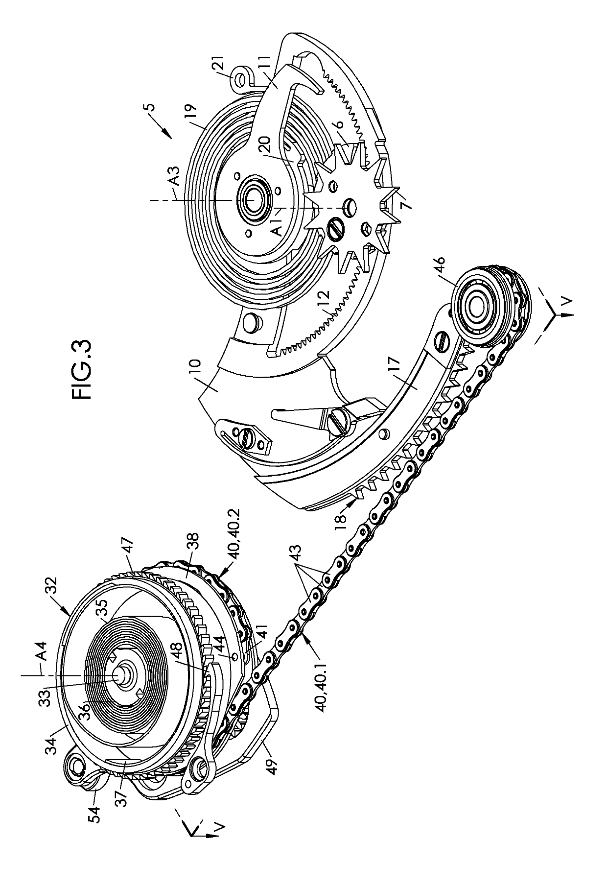 Repeater with a chain wound on a cam