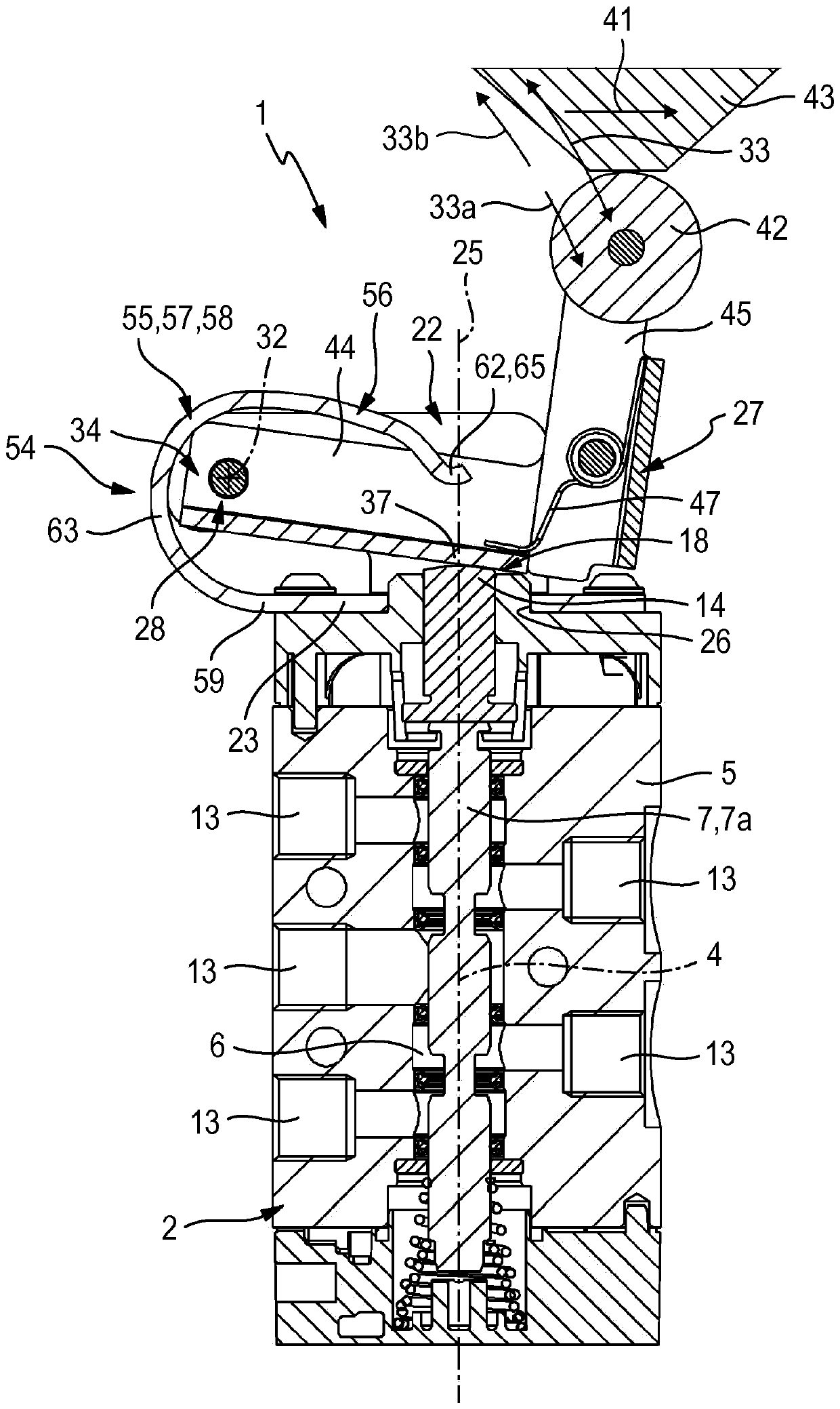 Roller lever actuating device and roller lever valve equipped therewith