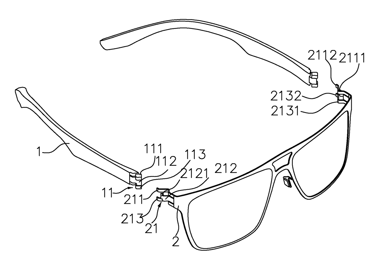 Connection structure between frame and legs of eyeglasses