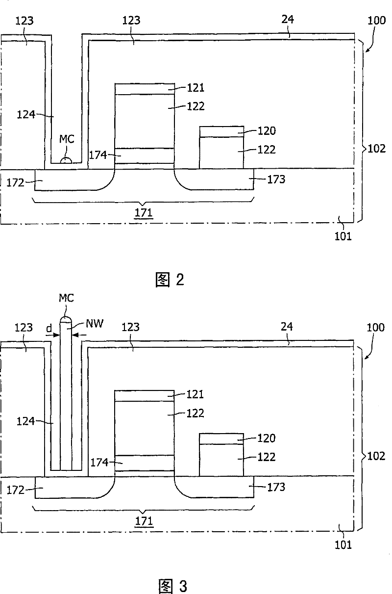 Method for manufacturing an electric device with a layer of conductive material contacted by nanowire