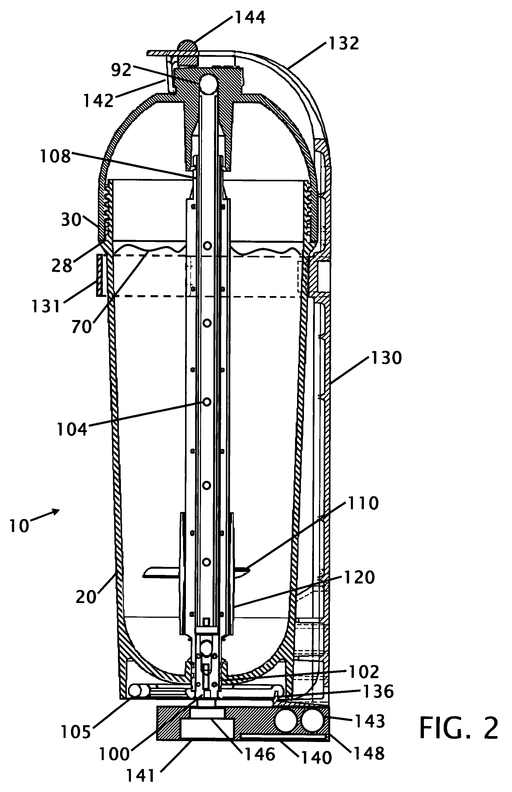 Self servicing fire extinguisher with wall mounting bracket and powder fluffing apparatus