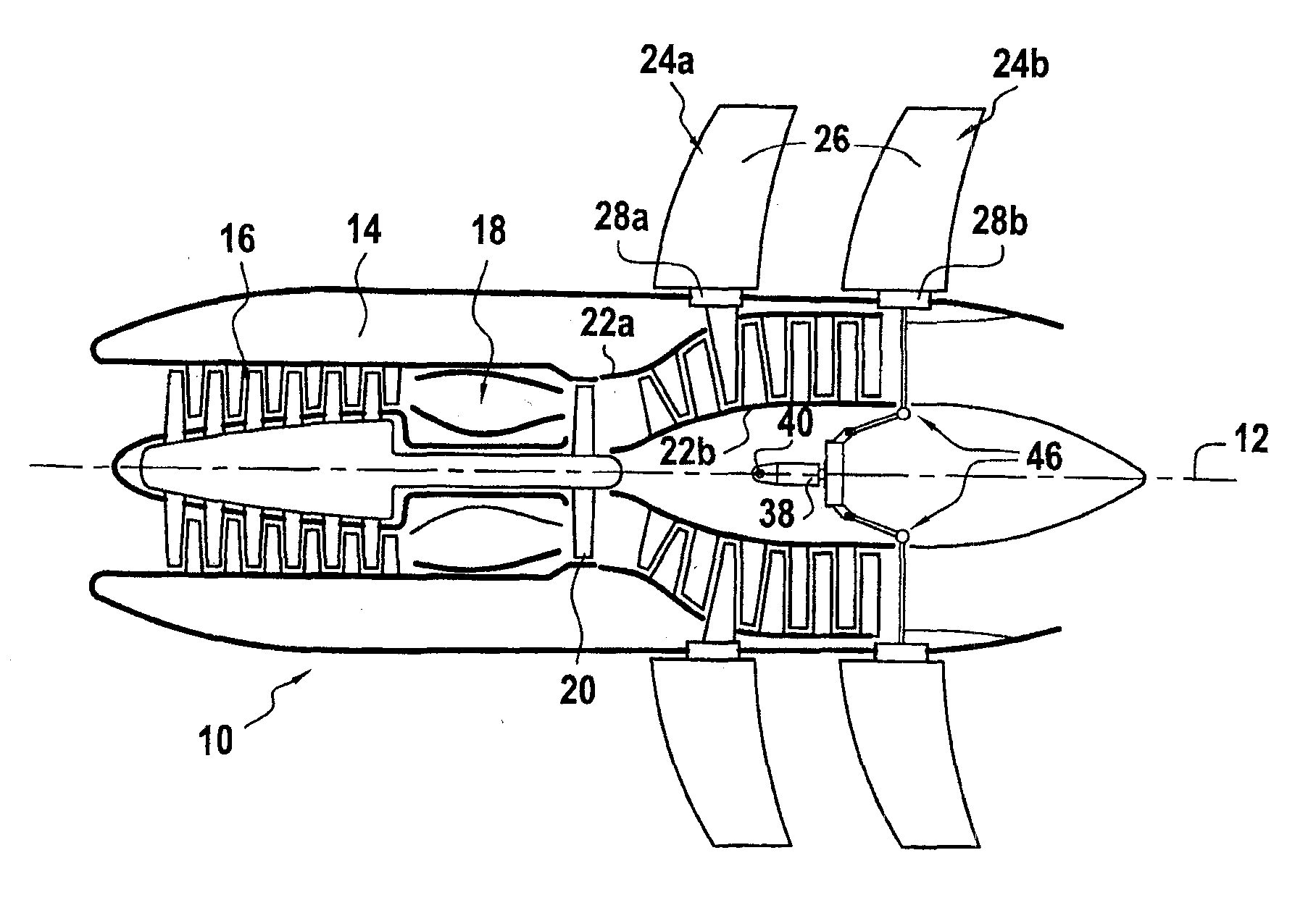 Stationary actuator device for controlling the pitch of fan blades of a turboprop